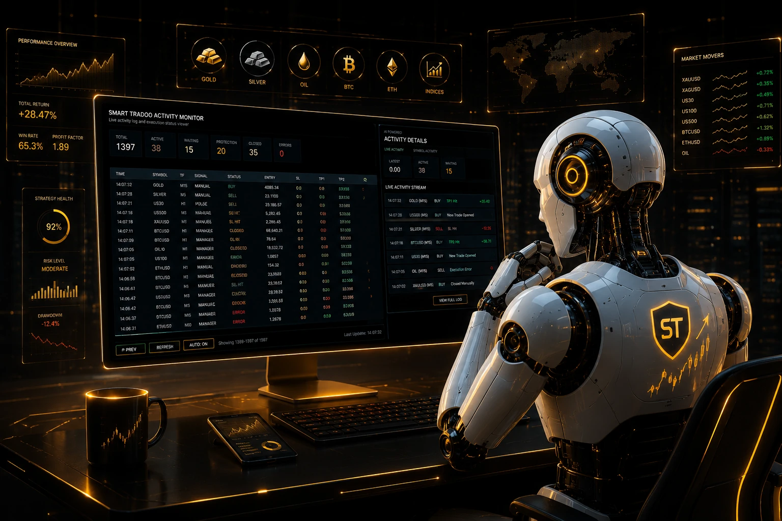 Smart Tradoo Activity Monitor AI workspace with live activity and analytics