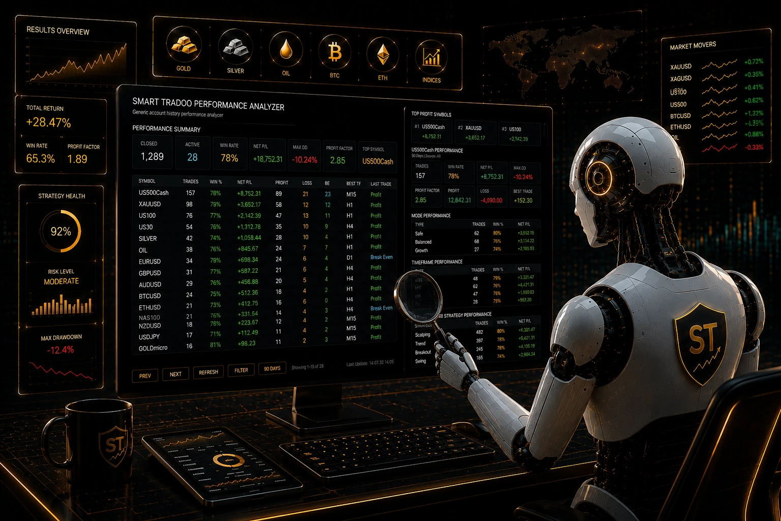 Smart Tradoo Performance Analyzer dashboard with symbol and mode performance review